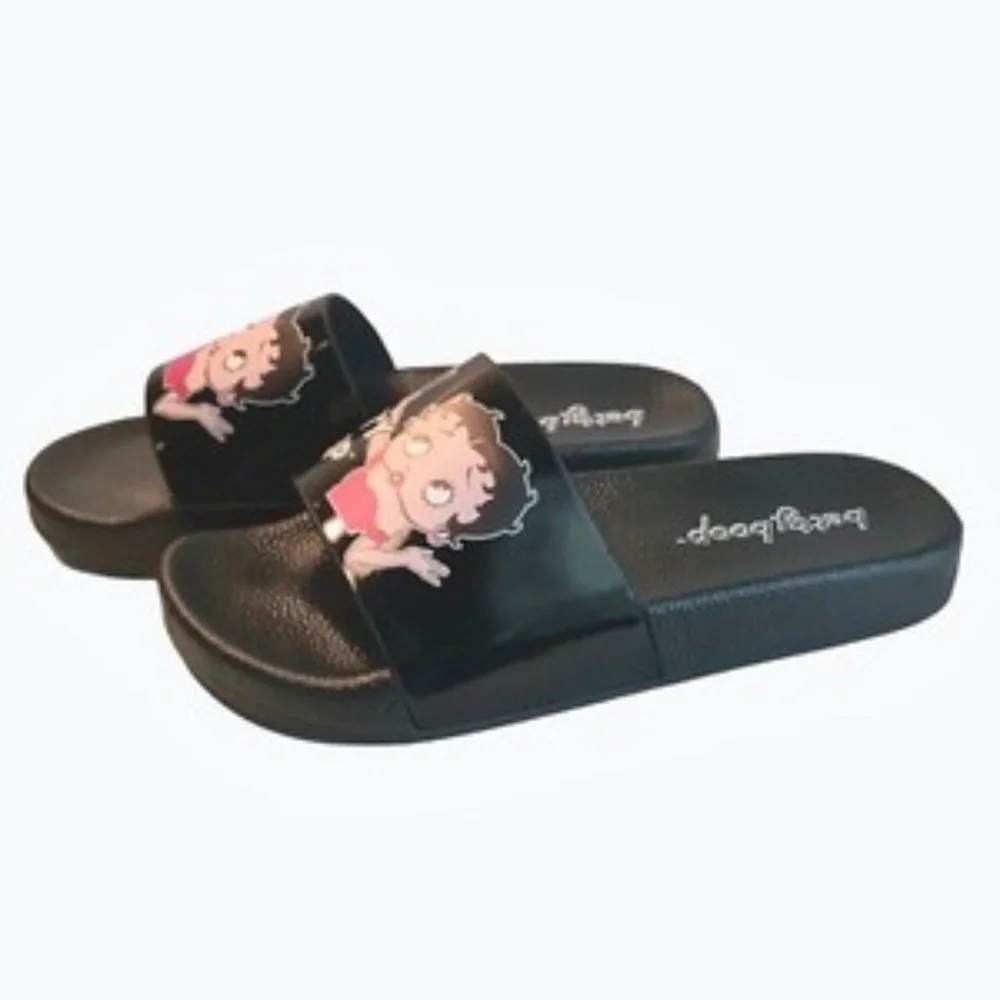 Betty‎ Boop Womens Slides Size 6 Black Selfie Sandals Casual Slip On Shoes